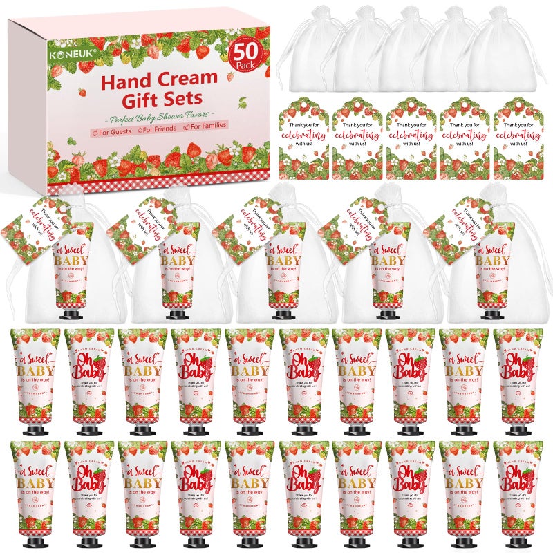 KONEUK 50 Pack Bulk Hand Cream Gifts Sets Baby Shower Favors and Bridal Shower Favors for Guests with Thank You Card and Organza Gift Bags Appreciation Gifts Wedding Party Favors Strawberry